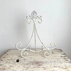 Vintage White Metal Scrollwork Easel Plate Display Stand Decorative Holder
